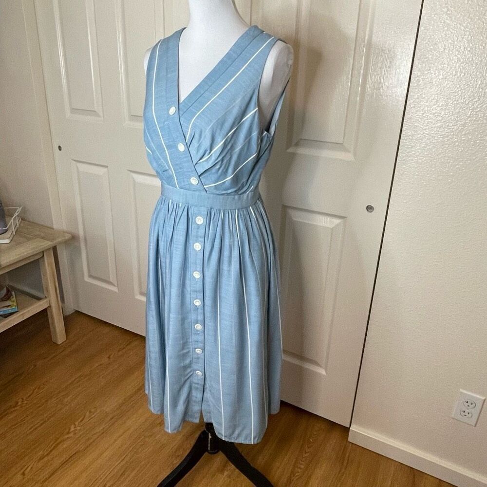 Gal Meets Glam Collection Button Front Surplice Dress Blue With White Stripes Si - Picture 3 of 14